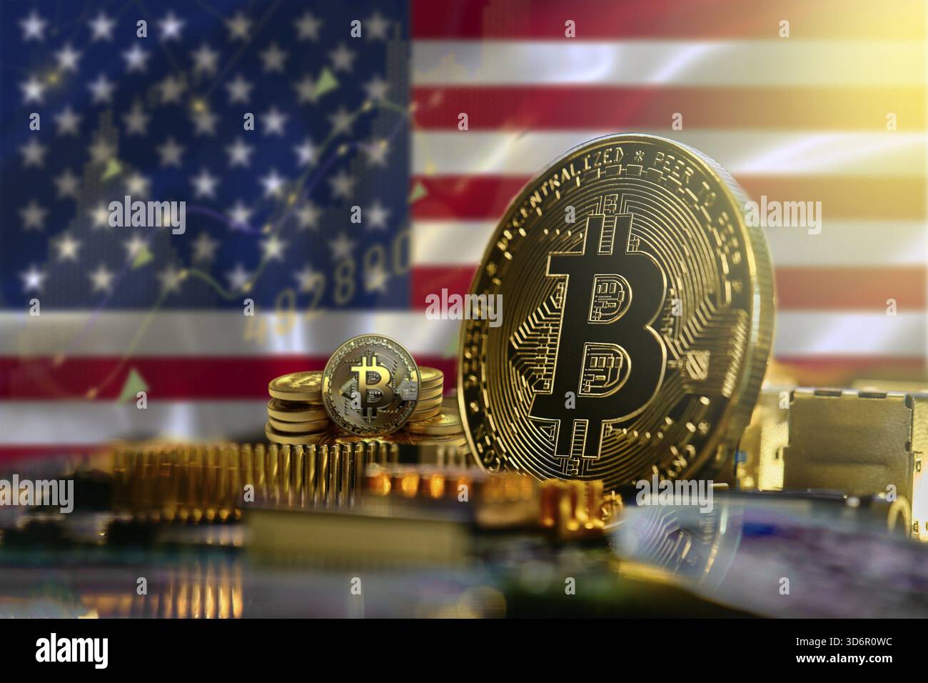 Bitcoin symbol United States flag 3D background. Crypto-currency background  for virtual money and store of value. Concept of political regulation in  Stock Photo - Alamy