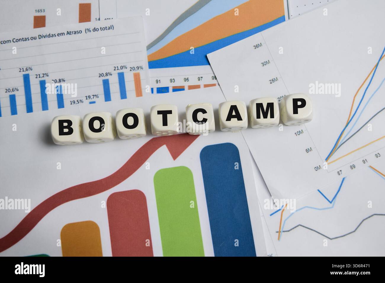Bootcamp stacked wooden cubes on the table. Stock Photo