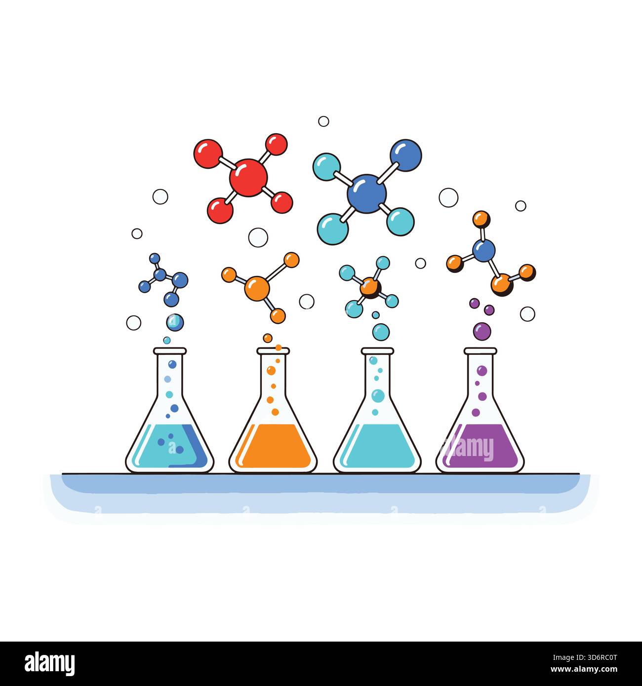 Colorful science illustration showing experiment with flasks and molecules Stock Vector