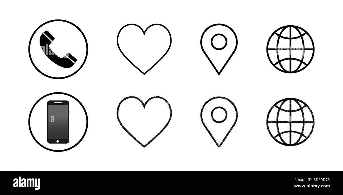 Essential Hand-Drawn and Outline Contact Icons Set Communication and Interface Elements. Stock Vector