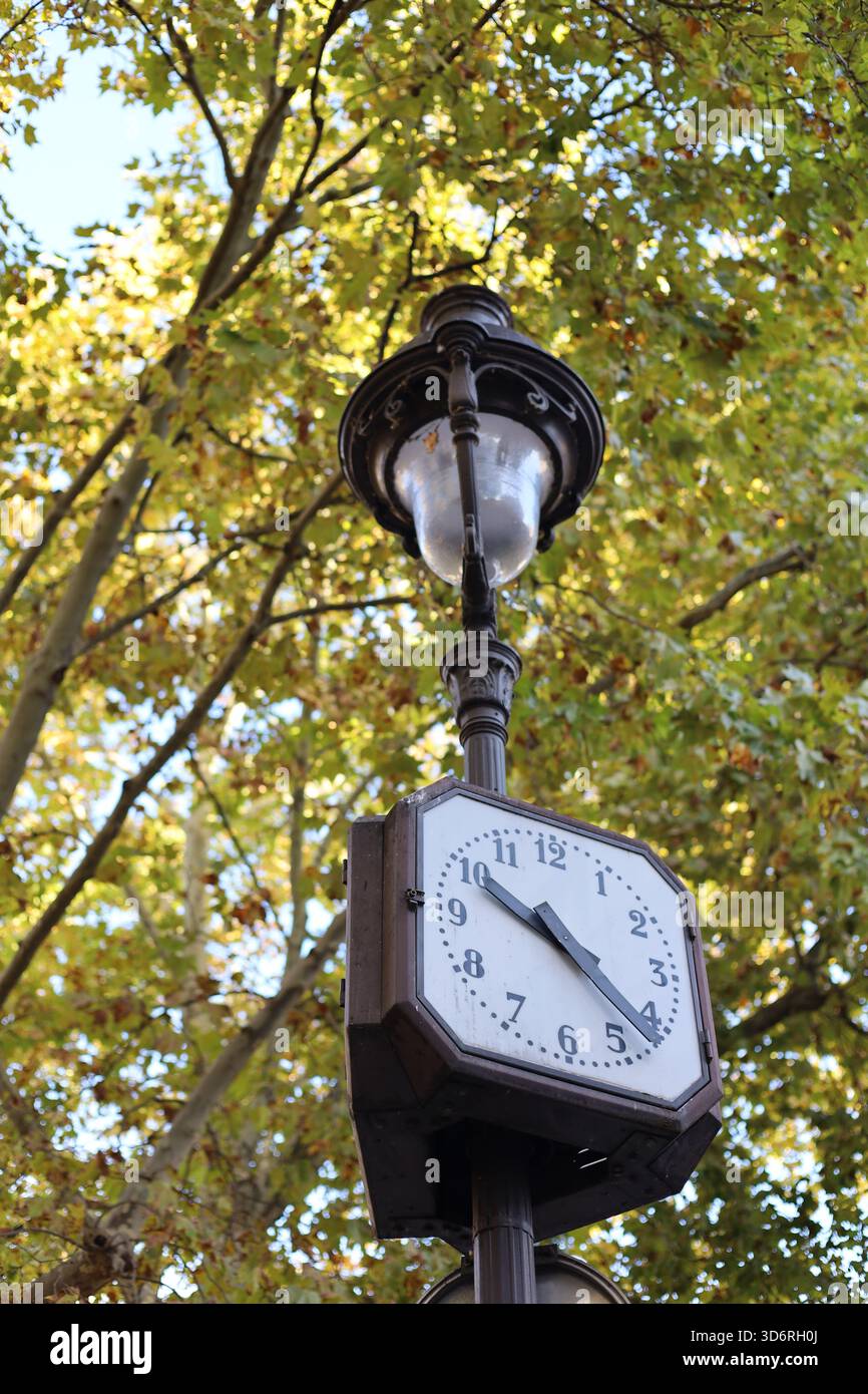 Vintage clock on lamp post in public park vertical photo Stock Photo ...