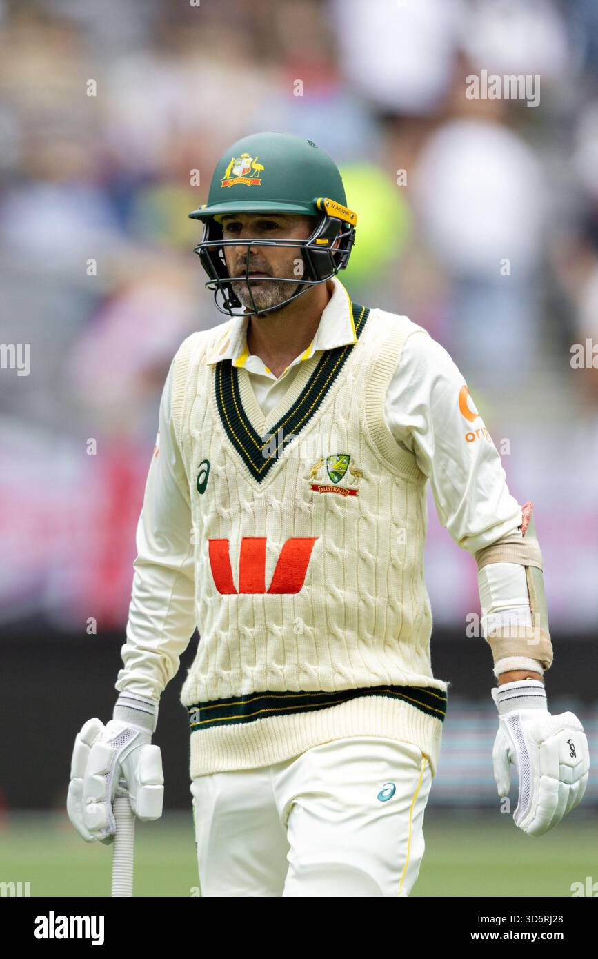 Nathan Lyon of Australia walks off after getting out during the NRMA ...