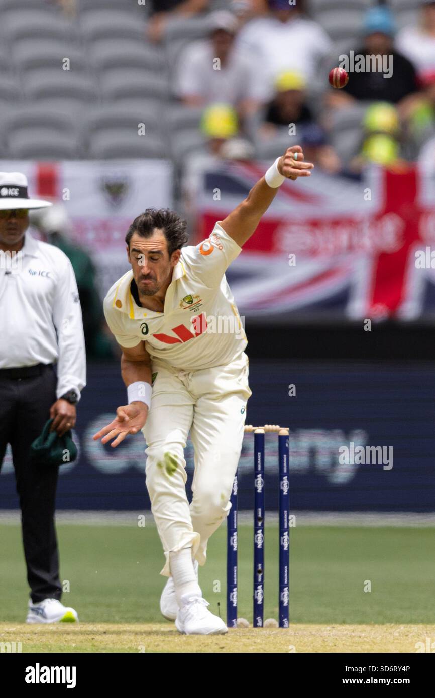 Mitch Starc of Australia bowls during the NRMA Insurance Ashes First ...