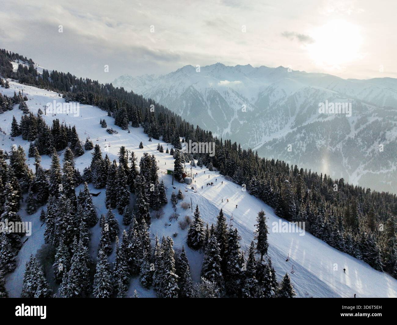 Aerial high angle view of skiers and snowboarders on a sunlit slope bordered by a dense, dark coniferous forest, with snowy distant mountain ranges vi Stock Photo