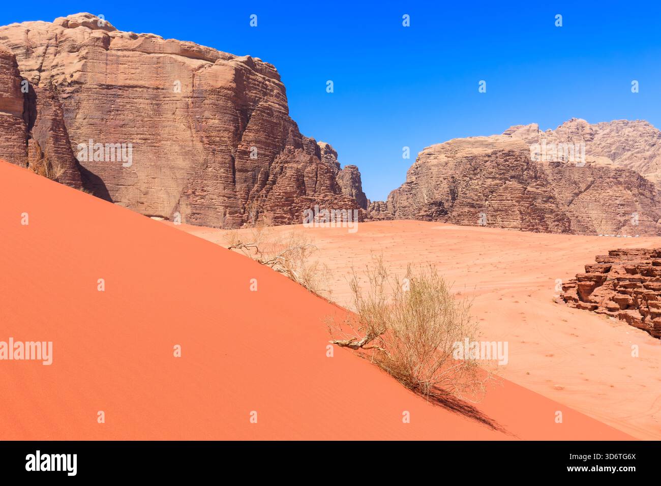 Sand dunes in Wadi Rum Desert, Jordan. The red desert. Stock Photo