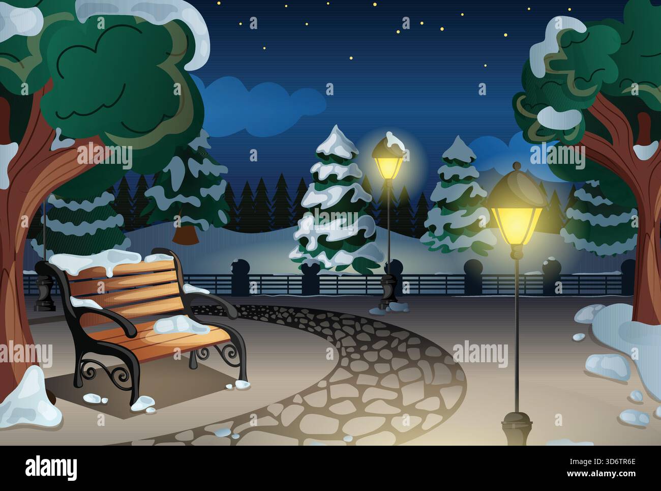 Nighttime Park with Bench, Illuminated Street Lamps and Snow Covered ...
