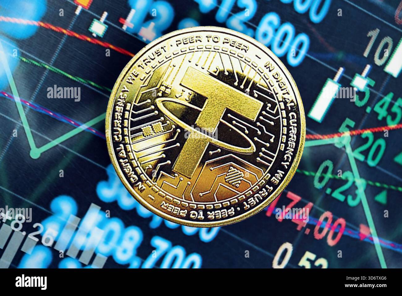 Golden bit coin symbol. USDT Cryptocurrency Bitcoin USA money dollar  banknotes on the calculator top view background Stock Photo - Alamy