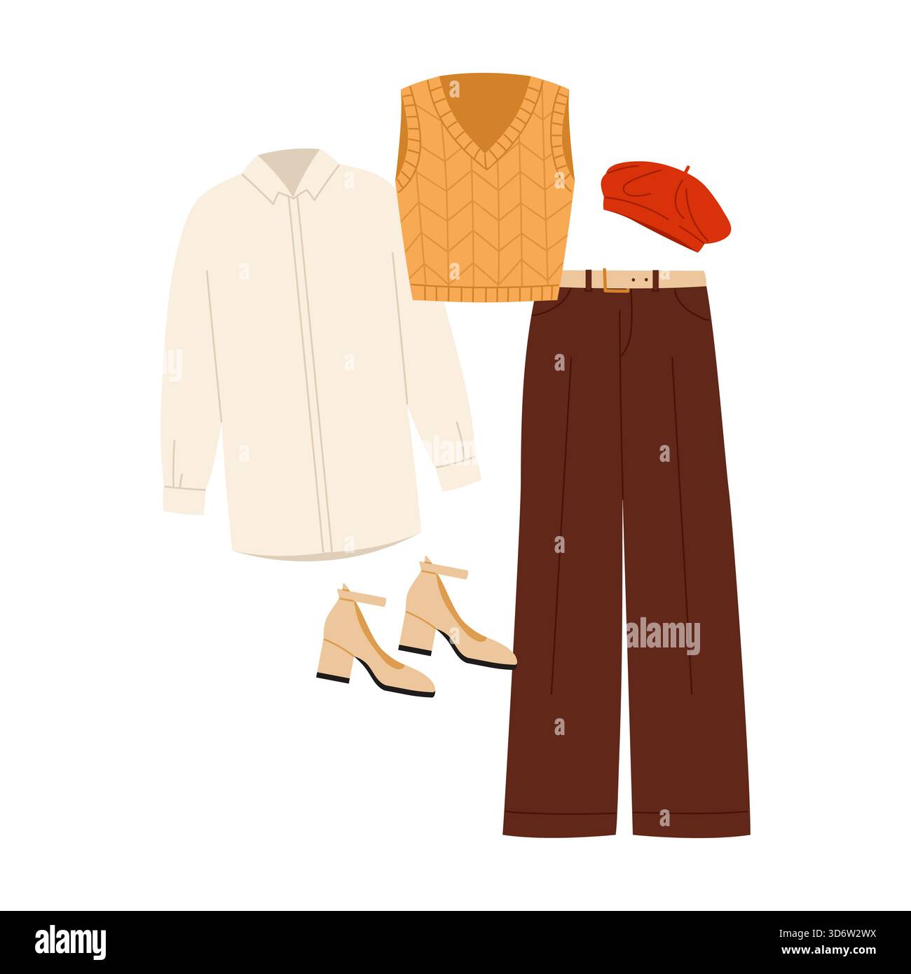 Modern Women Outfit Set With Shirt Vest Pants Beret And Shoes On Modern Women Outfit Set With Shirt Vest Pants Beret And Shoes On