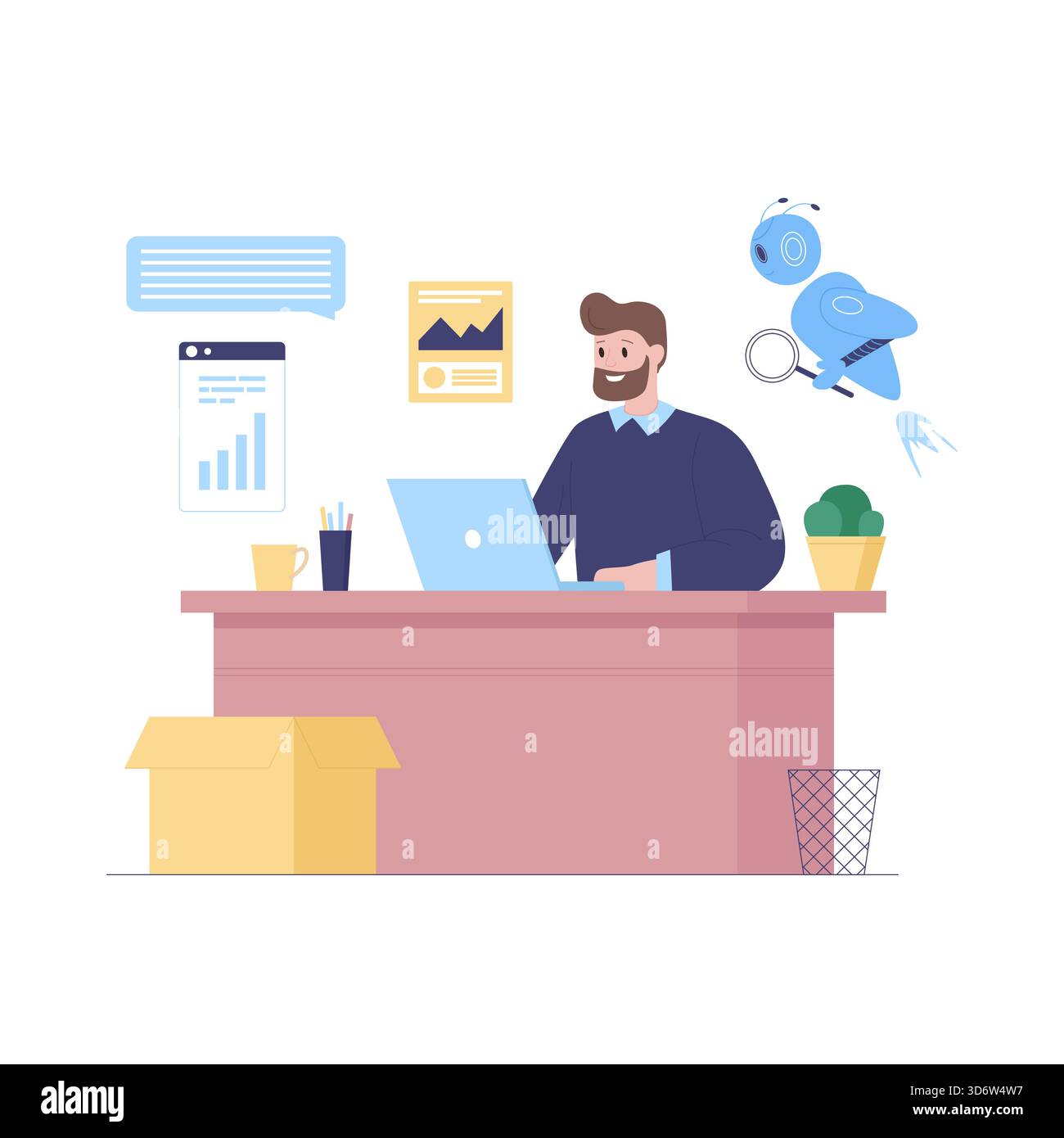 Smiling man at desk with laptop and flying robot helper on isolated white background vector illustration Stock Vector