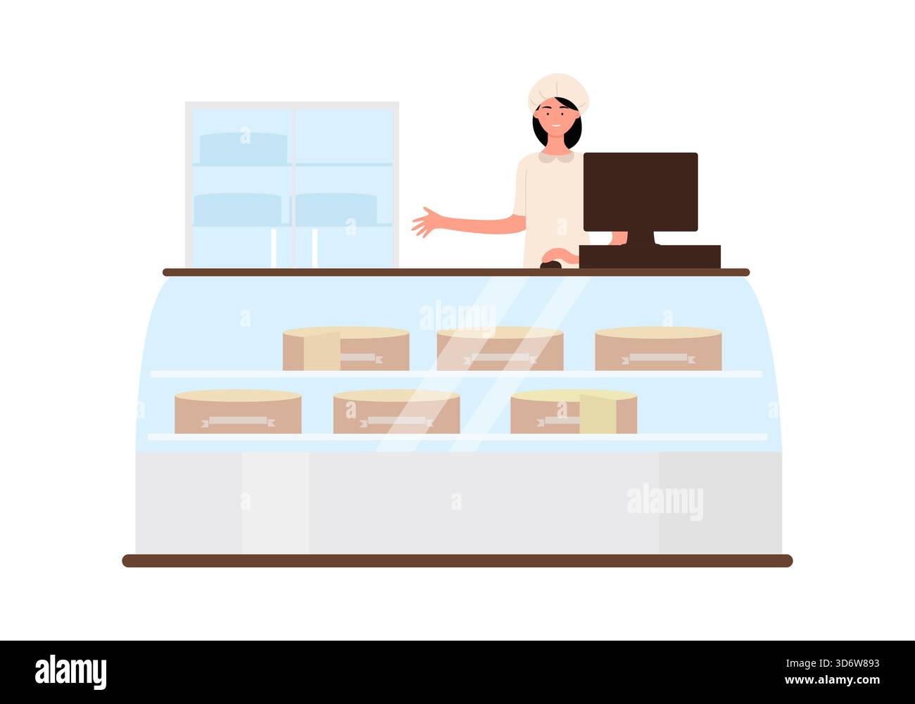 Isolated cheese shop counter with woman seller and cheese wheels on ...