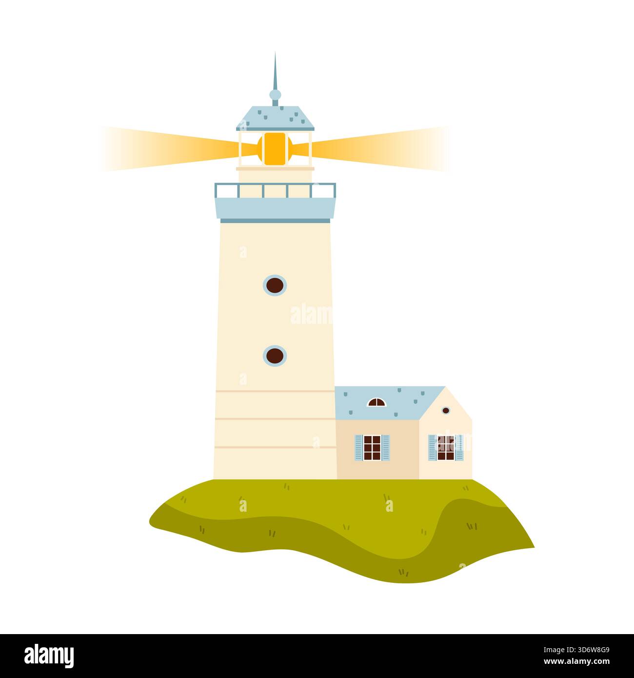 Classic Denmark lighthouse with house on grassy hill, isolated and ...