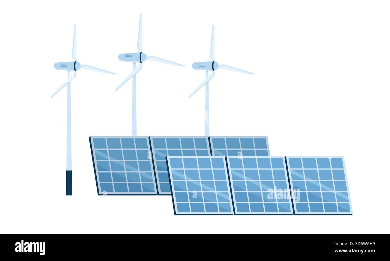 Isolated clean energy concept with wind turbines and solar panels for hydrogen production vector illustration Stock Vector