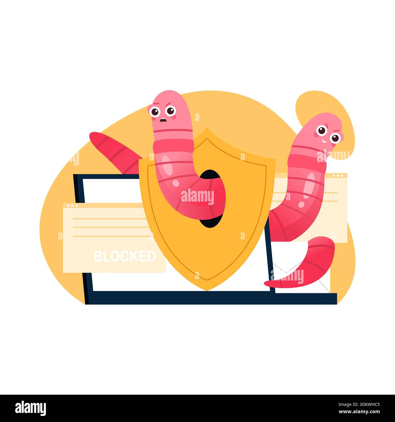 Cartoon worms attacking computer blocked by shield, symbolizing isolated cybersecurity threat vector illustration Stock Vector
