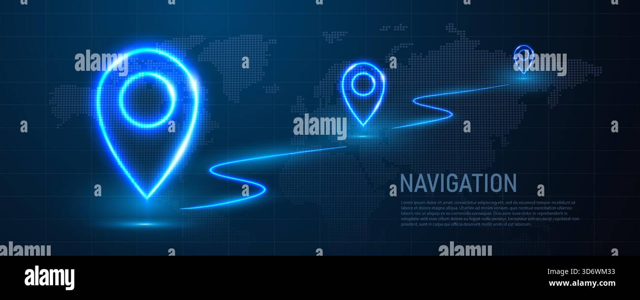 A banner with neon GPS coordinates. Neon map pins on a dark blue background. Stock Vector