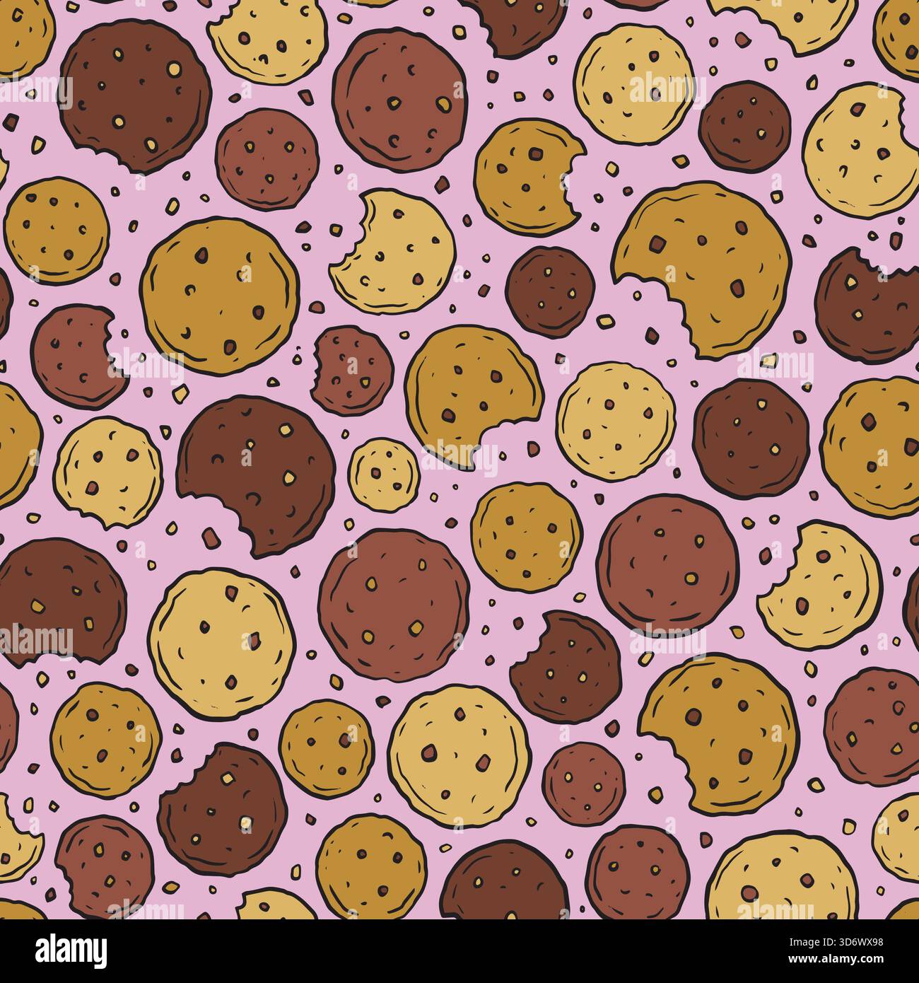 Chocolate Chip cookies doodle seamless pattern. Vector illustration flat design background. Stock Vector