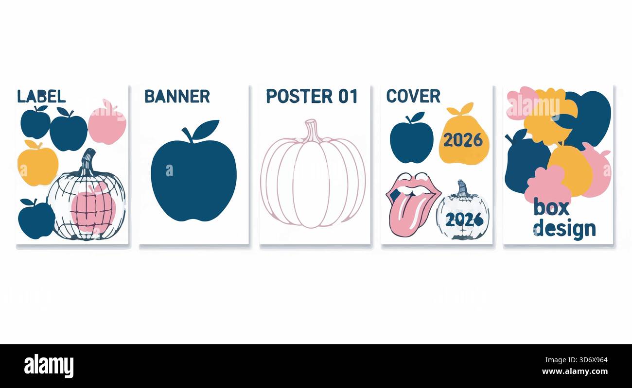 Abstract design element set. Apple, pear, pumpkin, tongue, box. Label, banner, poster, cover. Vector illustration. Stock Vector