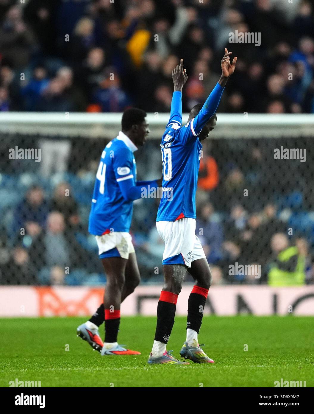 Rangers' Mohammed Diomande (centre) celebrates scoring their side's ...