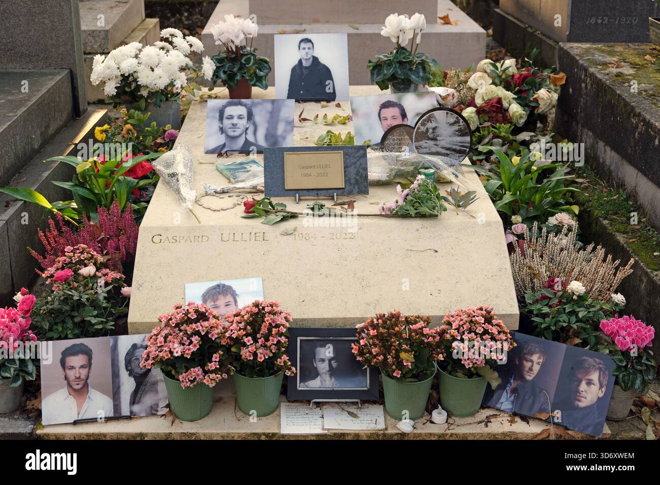 Grave of French actor and model Gaspard Ulliel who died in a ski accident, Père Lachaise Cemetery Paris France Stock Photo