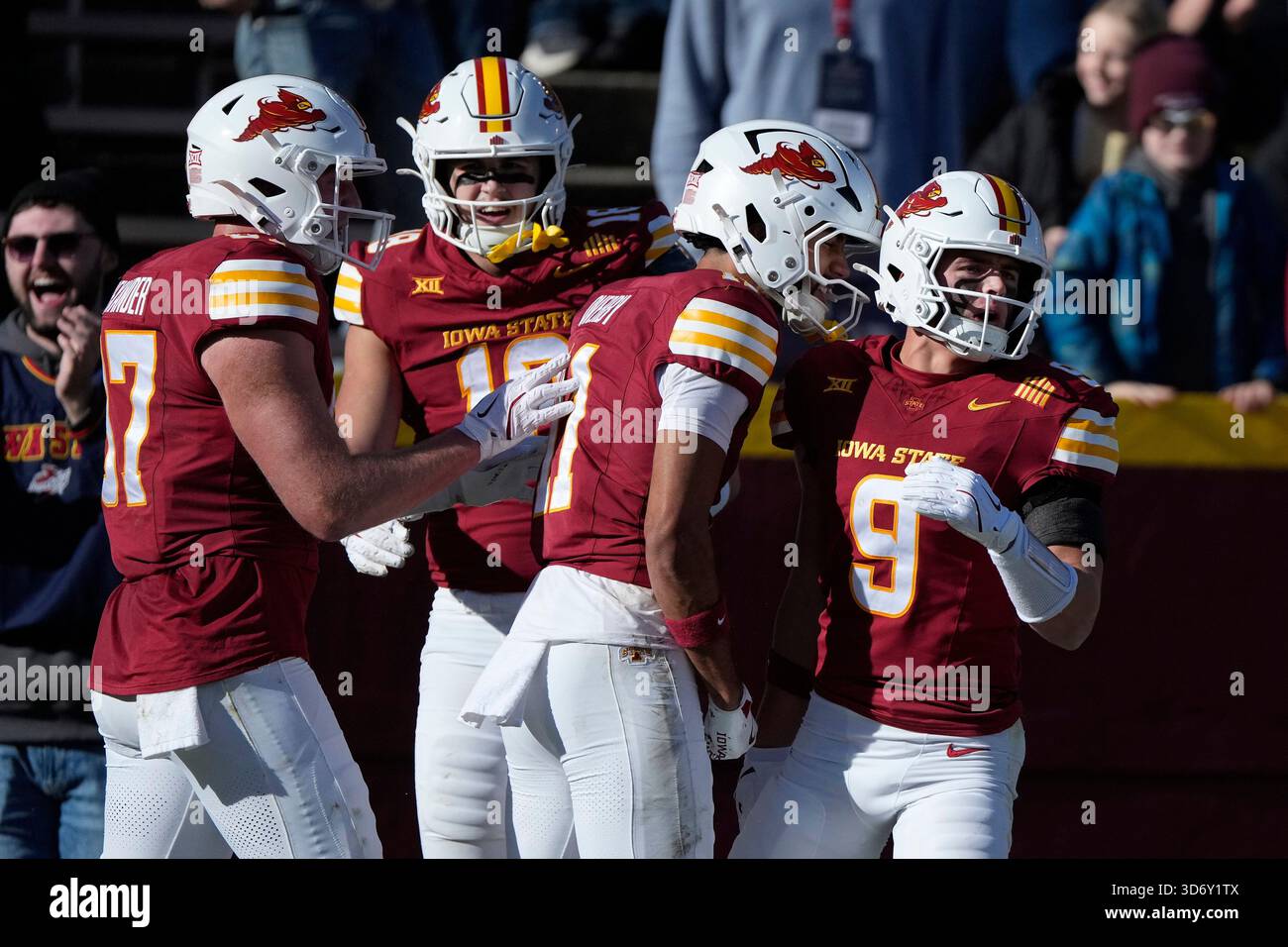 Iowa State wide receiver Brett Eskildsen (9) celebrates with teammates ...