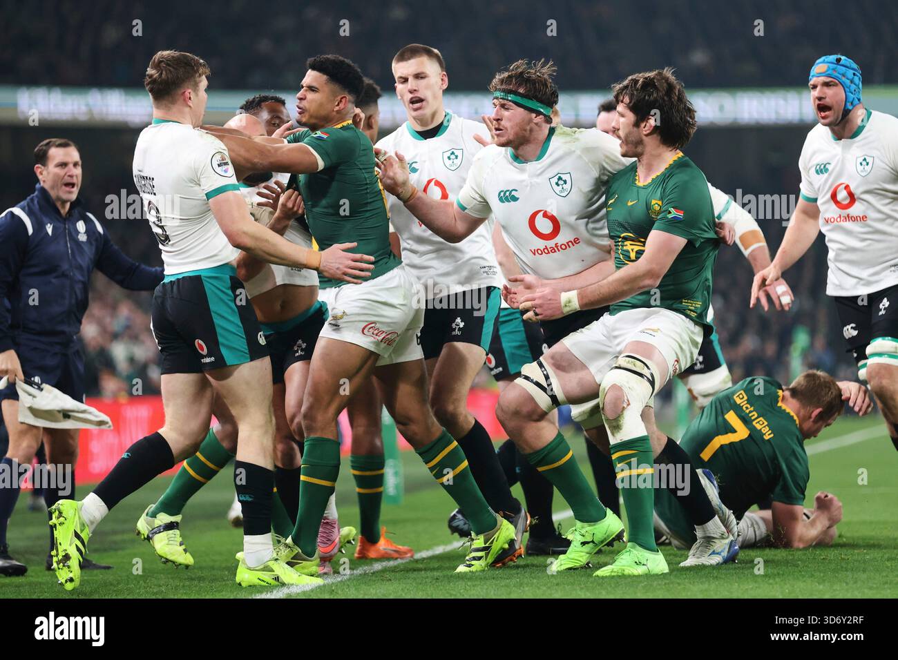 Ireland's Garry Ringrose, left, gets in a scuffle with South Africa's ...