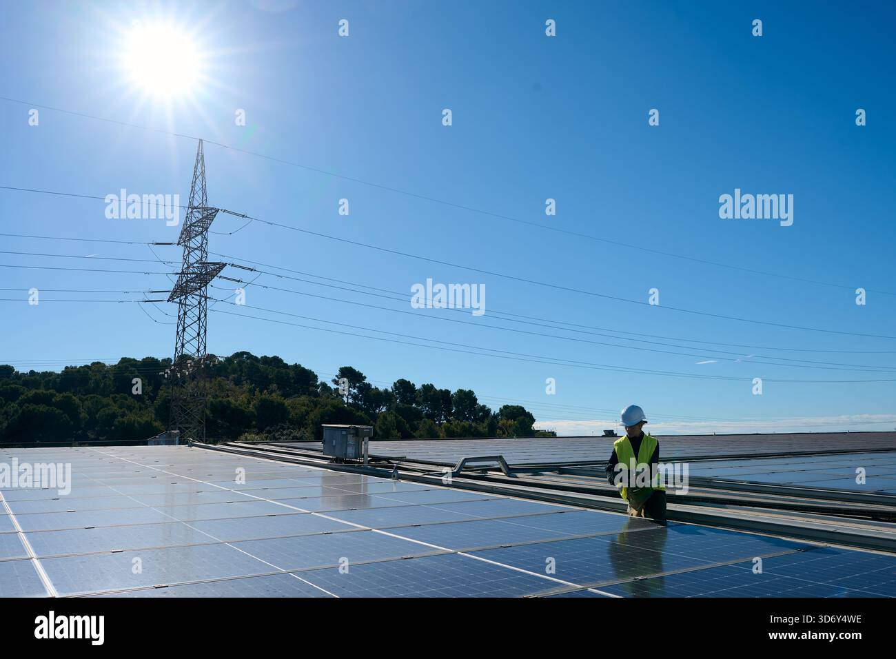 Technician working on solar panels generating renewable energy Stock Photo