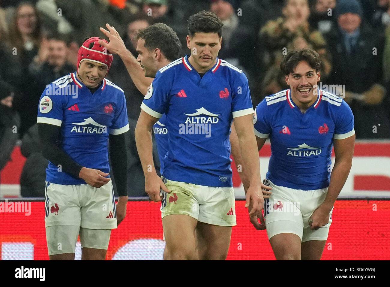 Lbb Rugby France's Louis Bielle-Biarrey, left, celebrates after scoring a try ...