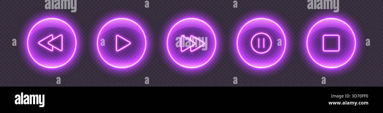 Neon media player buttons. Glossy glowing audio control icons Stock ...