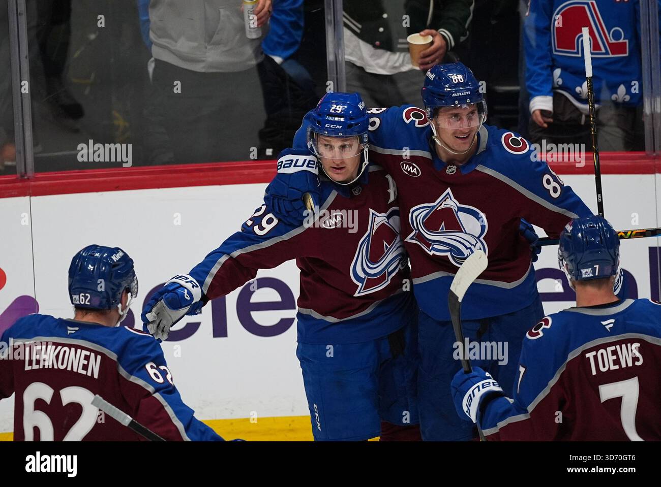Colorado Avalanche center Martin Necas (88) congratulates center Nathan ...