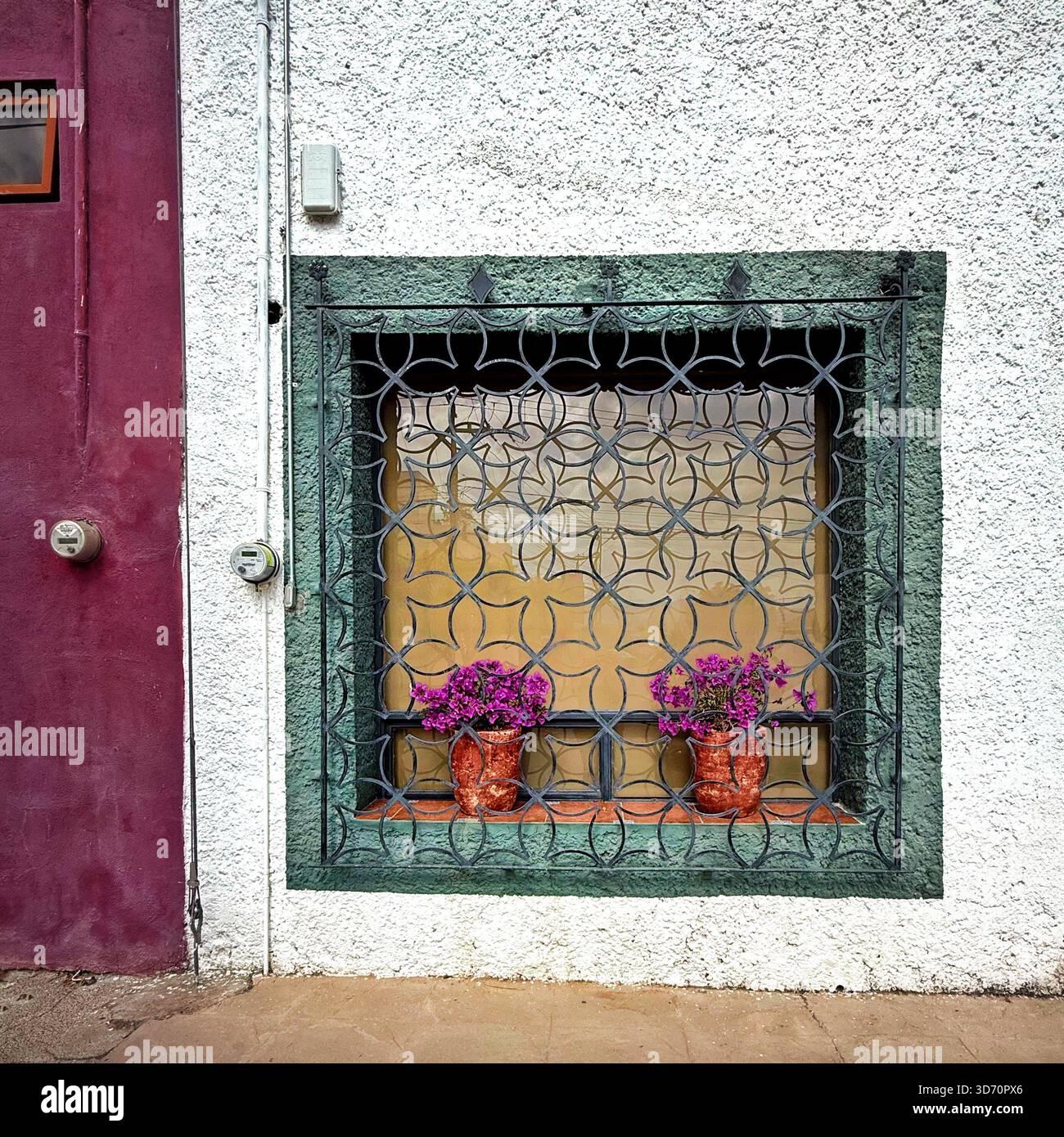 Decorative window with metal grill and potted purple flowers on a stucco wall with contrasting red and white colors - Smartphone Captured Stock Image