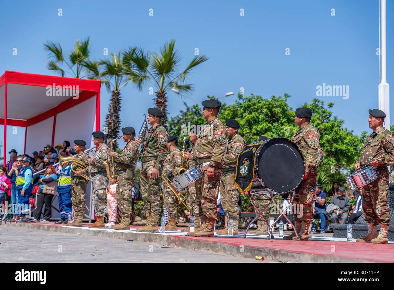 Peruvian army military band stands during civic parade with musicians ...
