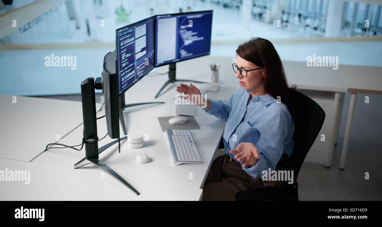 Unhappy Woman Programmer Frustrated With Broken AI Chatbot Workflow System. Stock Photo