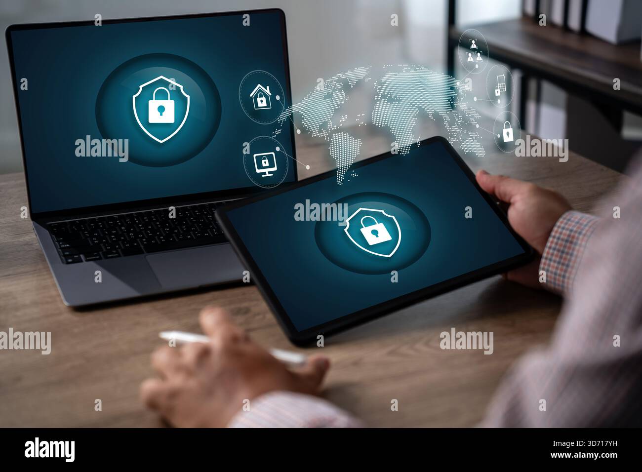 compliance training on laptop verifying quality standards Cyber Security Professional Compliance through Secure, Stock Photo