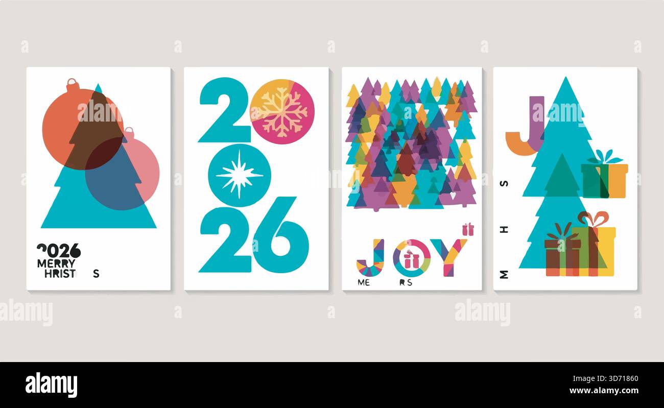 Four modern Christmas cards featuring trees, ornaments, gifts, and the Boxed Christmas Cards 2026