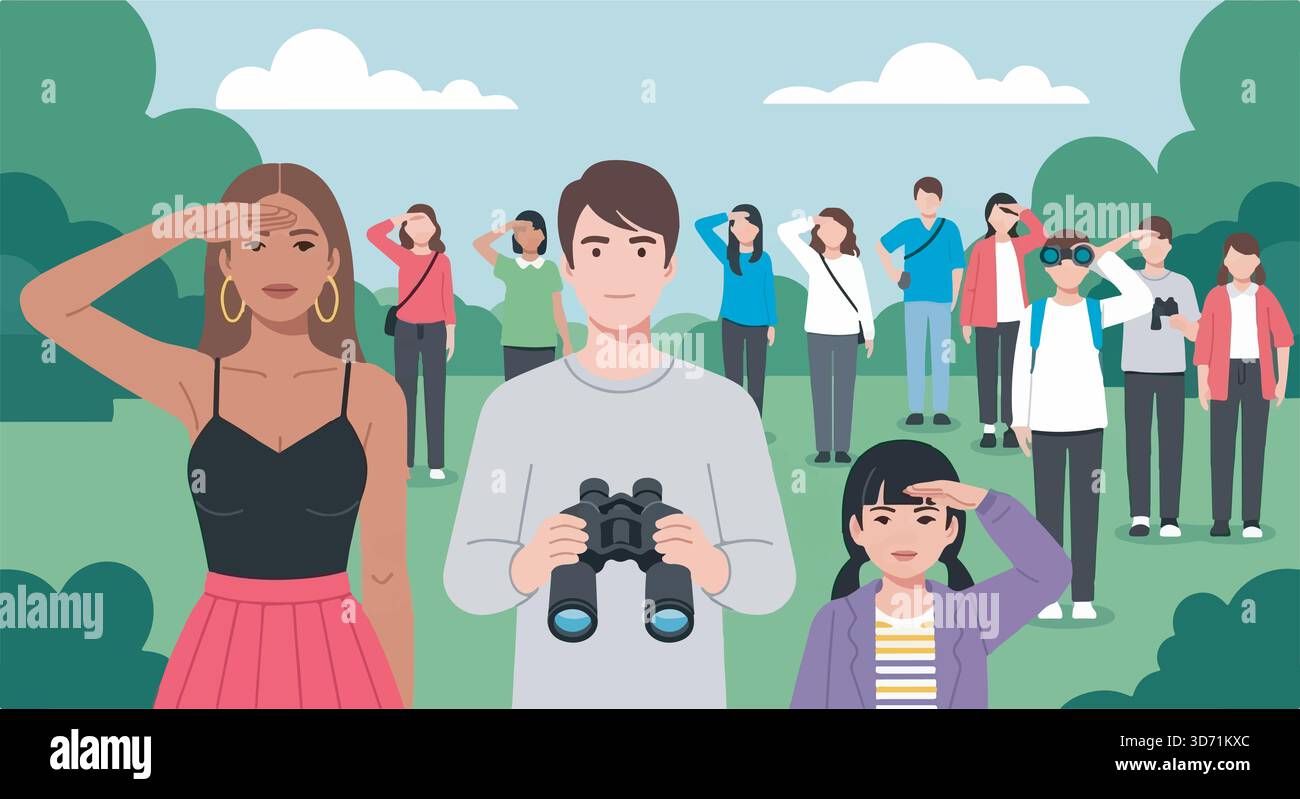 Group of people looking into the distance, some using binoculars. Vector illustration. Stock Vector