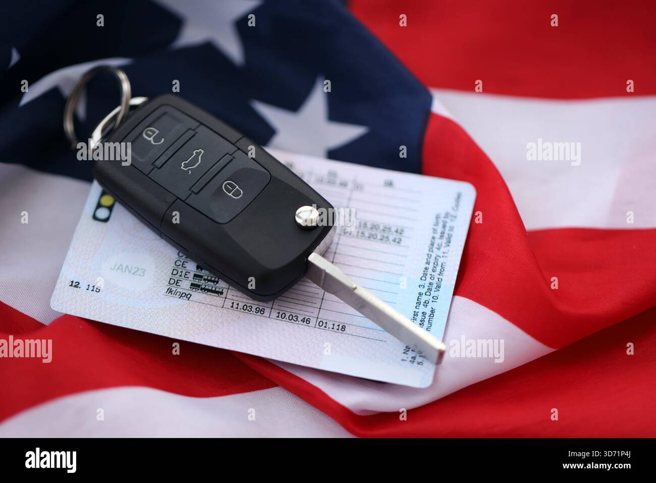 Ignition keys with remote control buttons and driver license card on ...