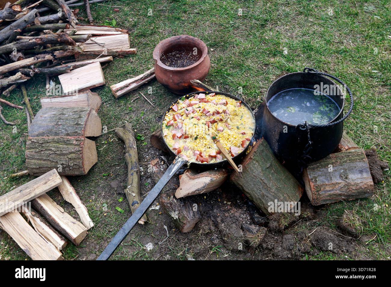 Medieval campfire on grass. Historical reconstruction Stock Photo - Alamy