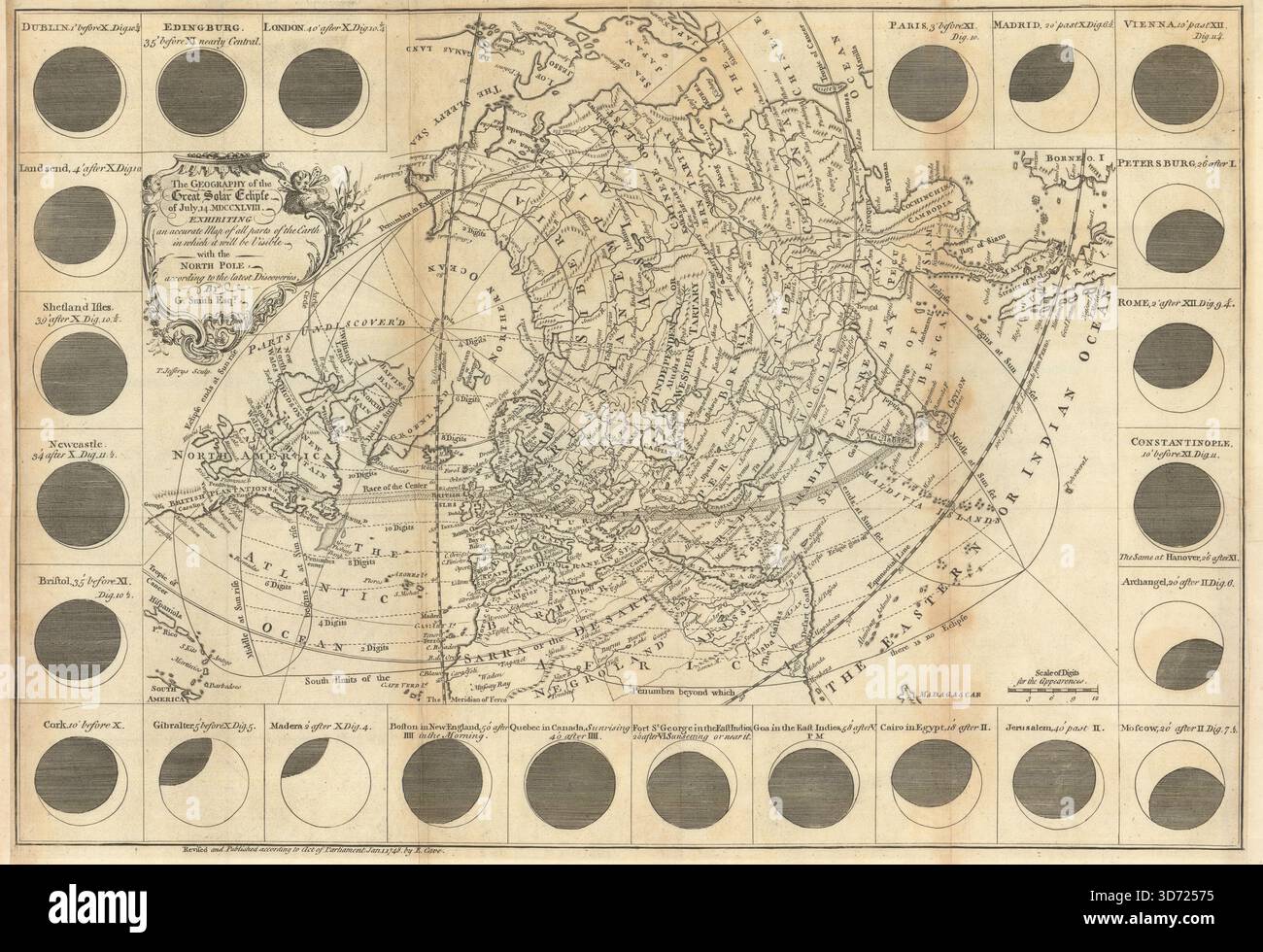 The geography of the great solar eclipse of July 14th 1748. SMITH G 1748 map Stock Photo