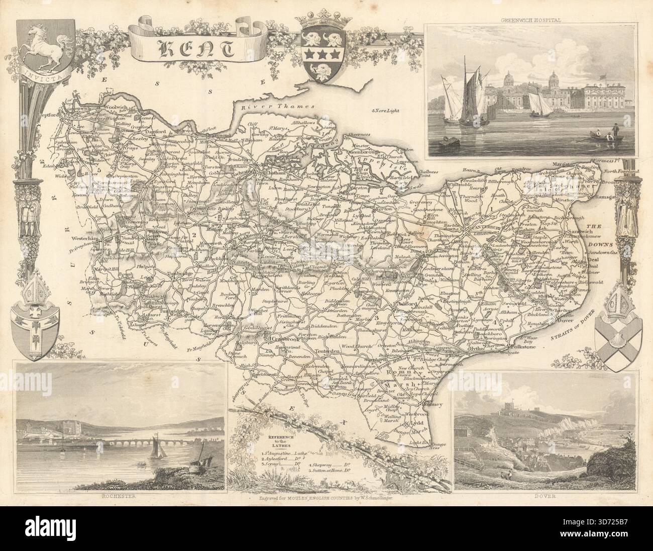 Kent antique county map by Thomas Moule 1837 old plan chart Stock Photo ...