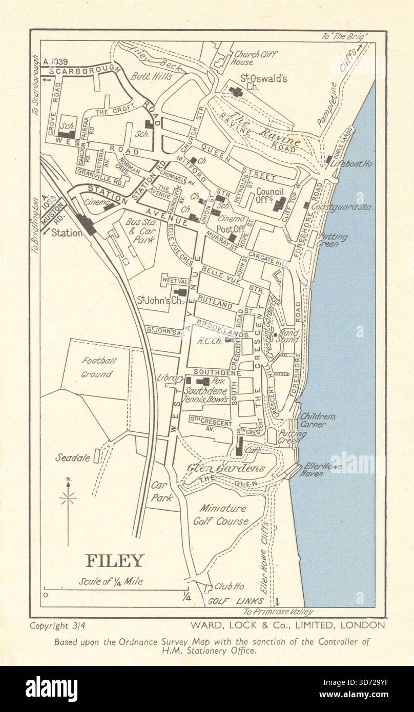 FILEY vintage town/city plan. Yorkshire. WARD LOCK 1950 old vintage map ...