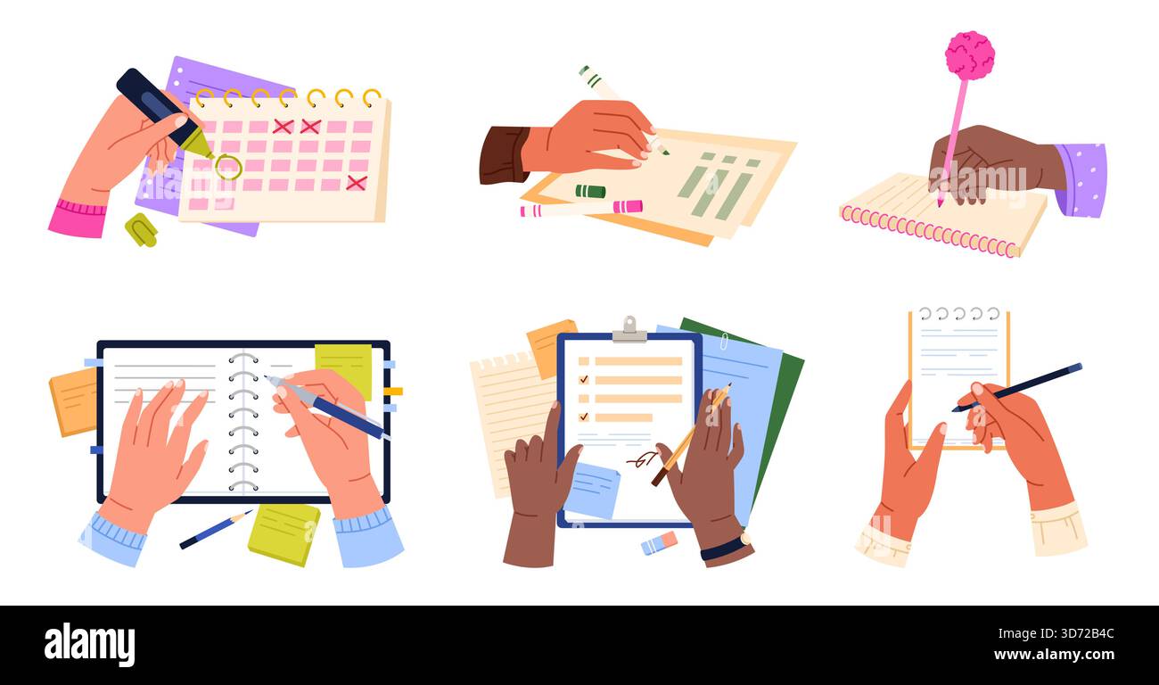 Notebook Documents Multiple diverse hands write on notebooks, calendars, and documents ...