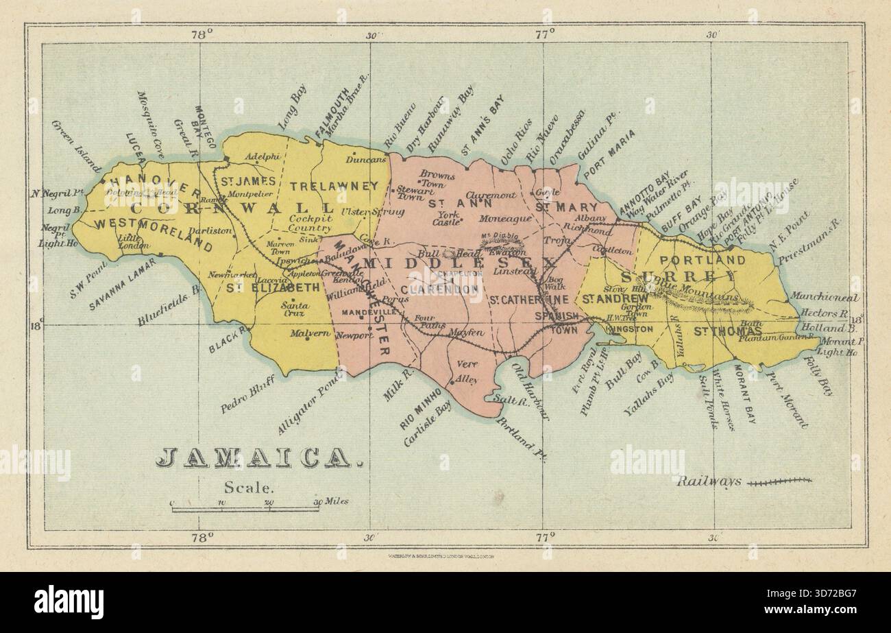 Map of Jamaica showing counties, parishes & railways by Edward