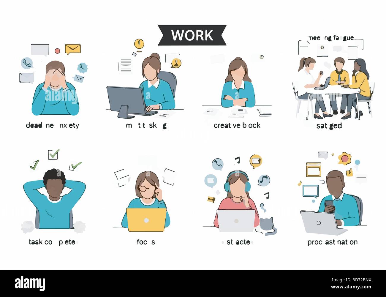 Work concept illustrations of different work styles, focus, anxiety ...