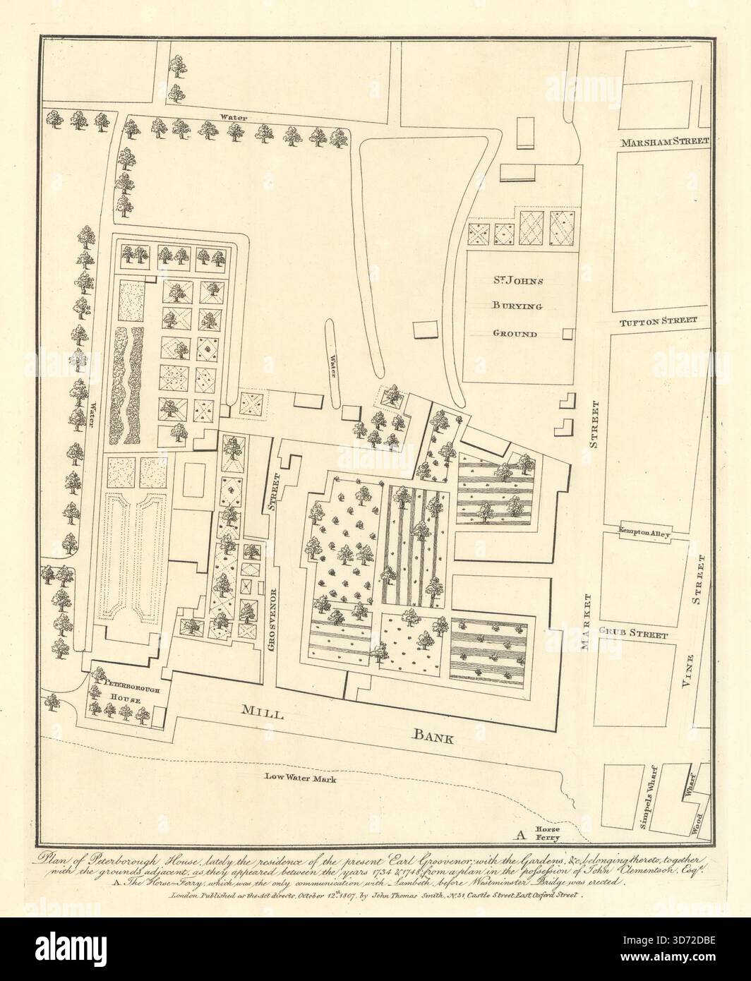 Plan of Peterborough House, the Earl of Grosvenor's residence. JT Smith 1807 map Stock Photo