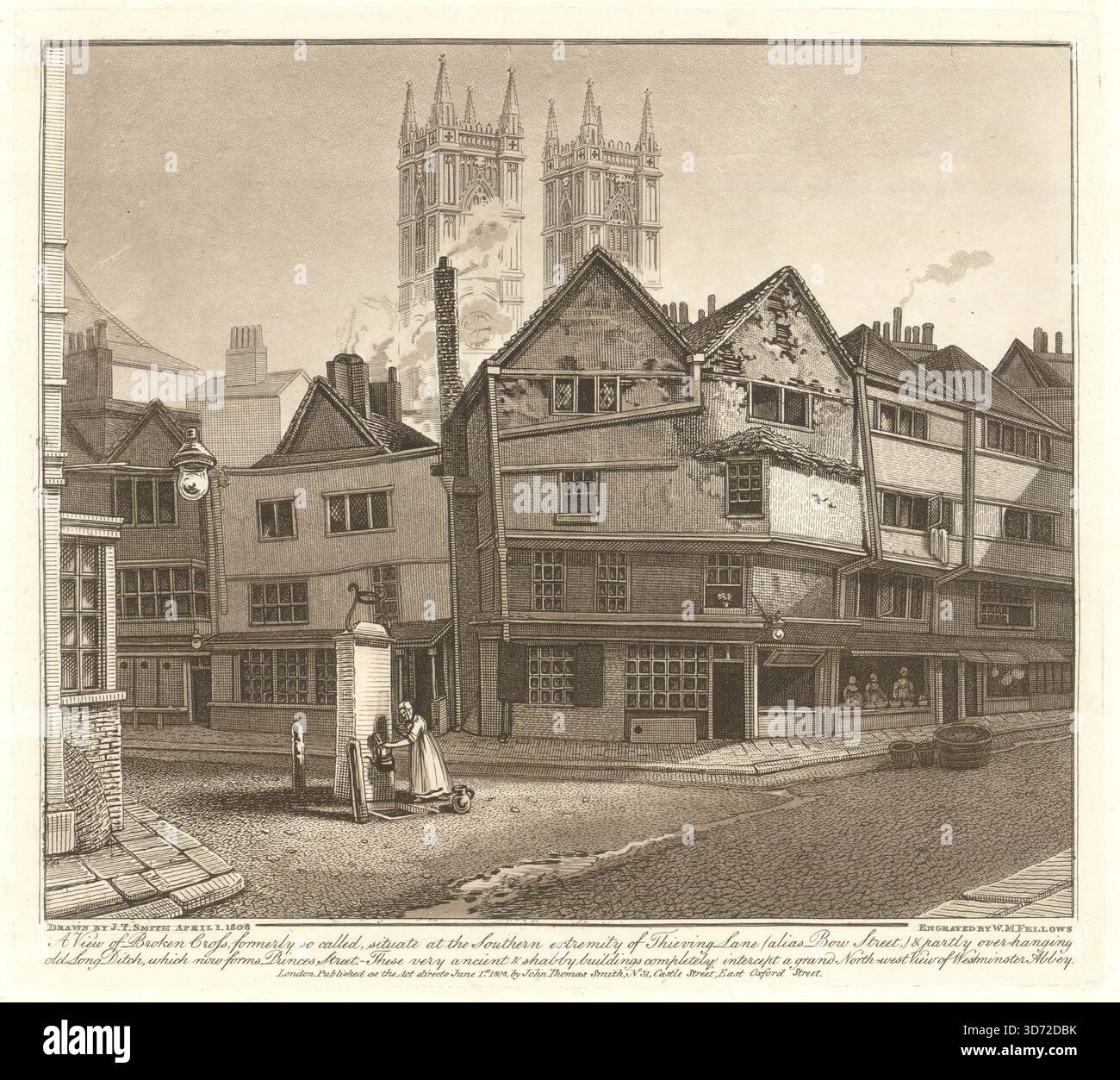 Broken Cross, southern end of Thieving Lane, Westminster. JT Smith aquatint 1808 Stock Photo