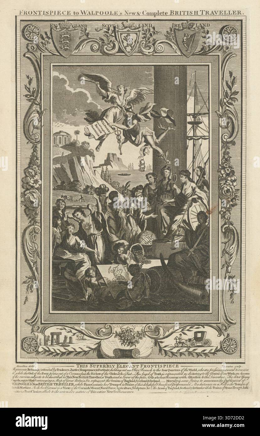 Decorative frontispiece to Walpoole's New & Complete British Traveller 1794 Stock Photo