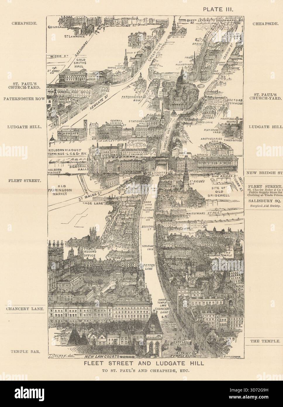 Fleet Street bird's eye view. Ludgate Hill St. Paul’s Cheapside. SULMAN ...
