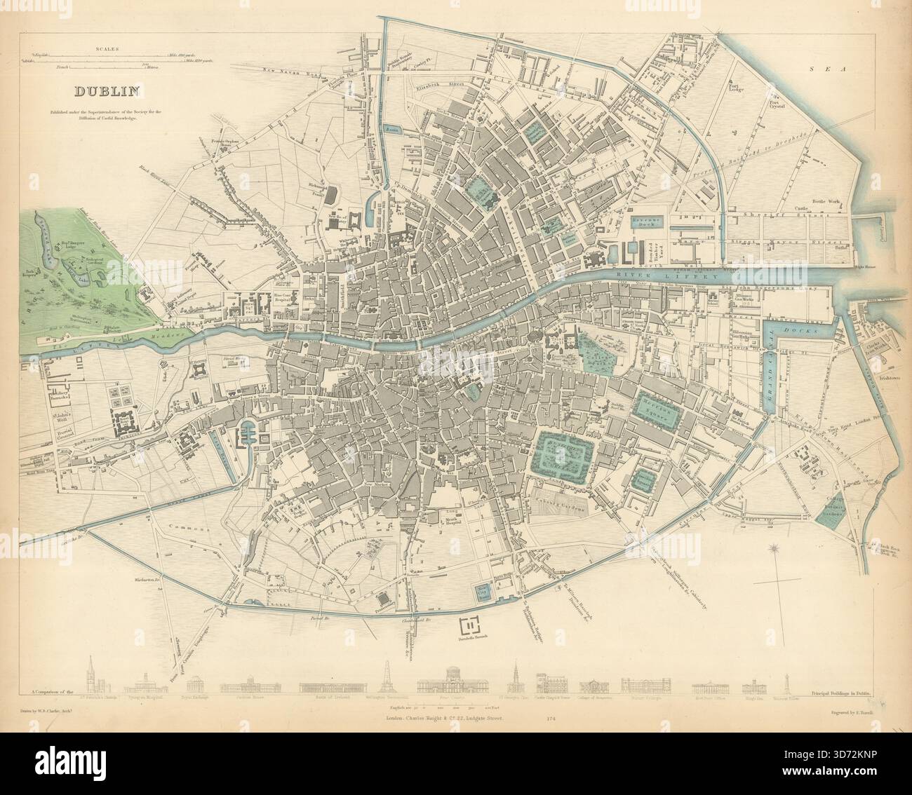 DUBLIN. Antique town city map plan. Key buildings profiles. SDUK 1847 ...