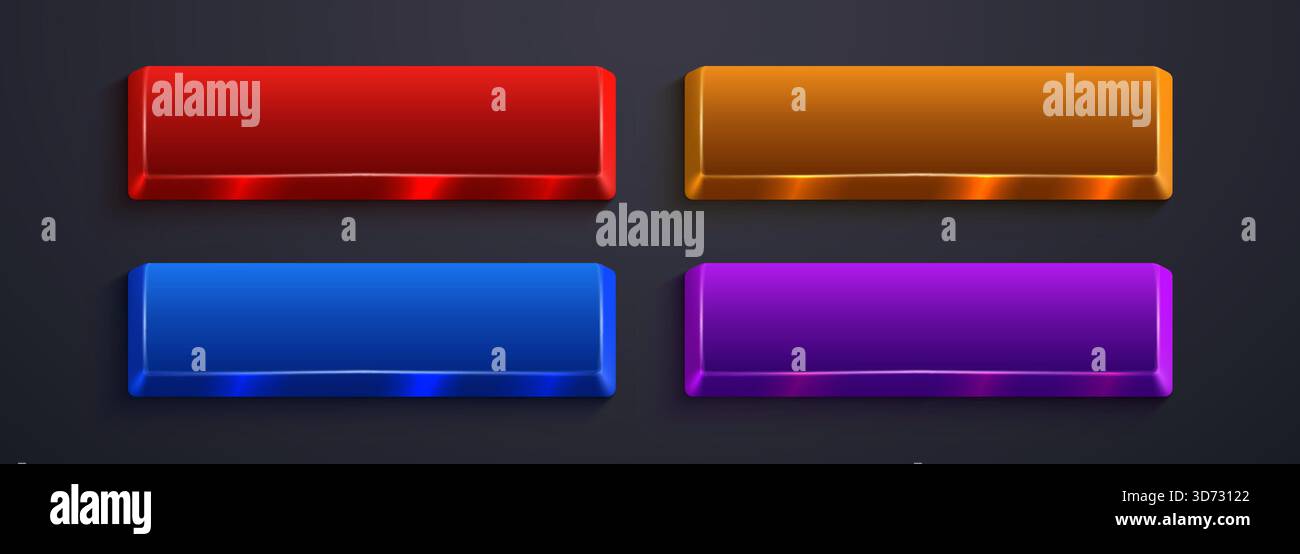 Shiny colorful rectangular button set with a glossy metallic effect. Ideal for web design and user interface elements. Vector illustration Stock Vector