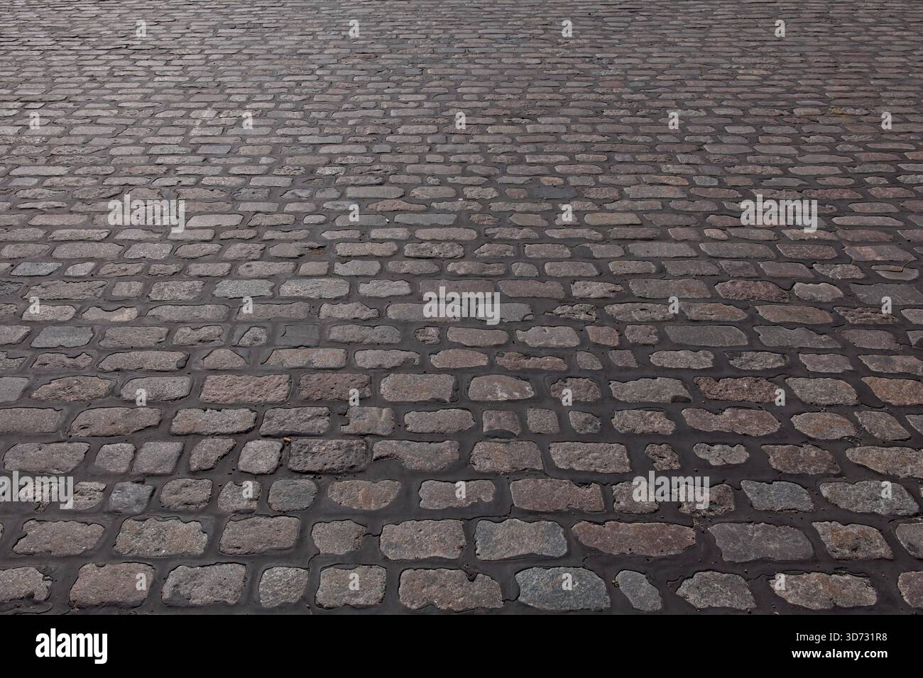 Close-up of setts pavement, which are quarried stones that are cut into a roughly rectangular or square shape, Pitkäsilta, Helsinki, Finland. Stock Photo