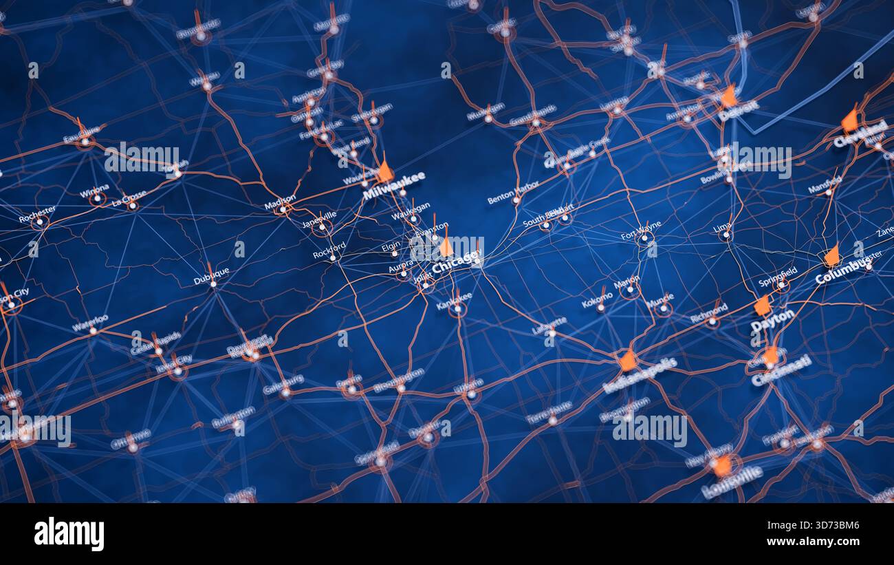 Orange Data Visualization Map Chicago map big data visualization. Futuristic map infographic of city ...